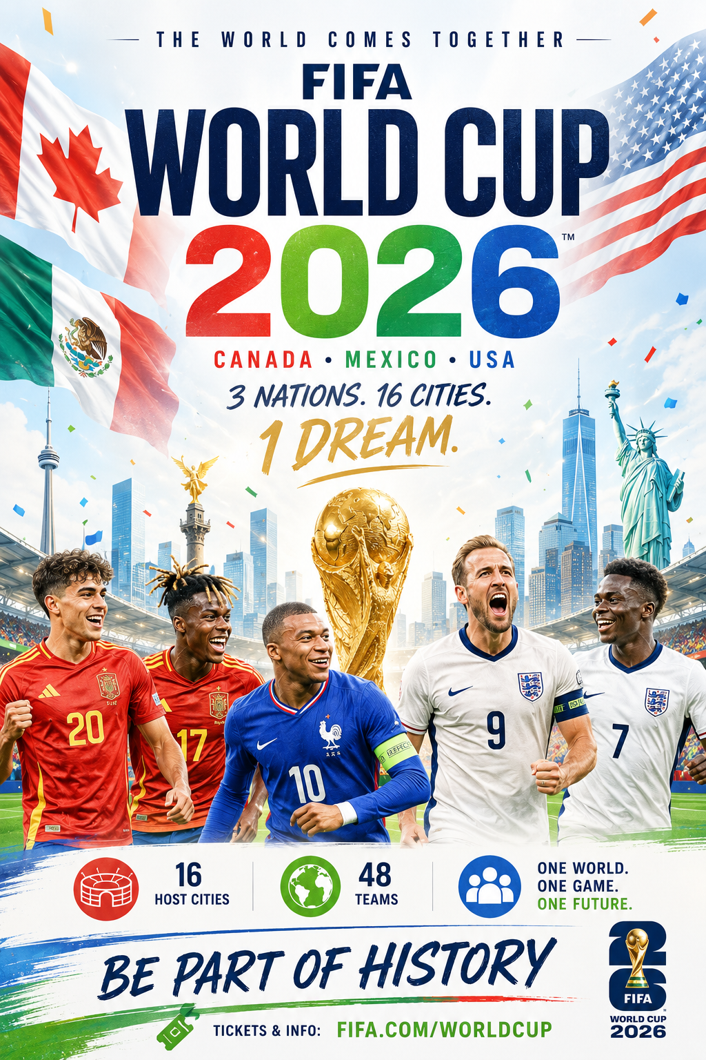 FIFA World Cup 2026 — Canada, Mexico, USA. 3 nations, 16 cities, 1 dream.